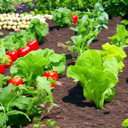 

This image shows a lush vegetable garden with a variety of vegetables, including tomatoes, peppers, cucumbers, and squash. The garden is thriving in the summer sun, with the vegetables growing in neat rows and the soil looking healthy and well-