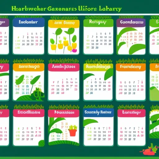 

This image shows a colorful calendar with a garden-themed background. Each month is labeled with a different gardening task, such as planting, pruning, and harvesting. The calendar is a helpful guide for gardeners to keep track of essential gardening