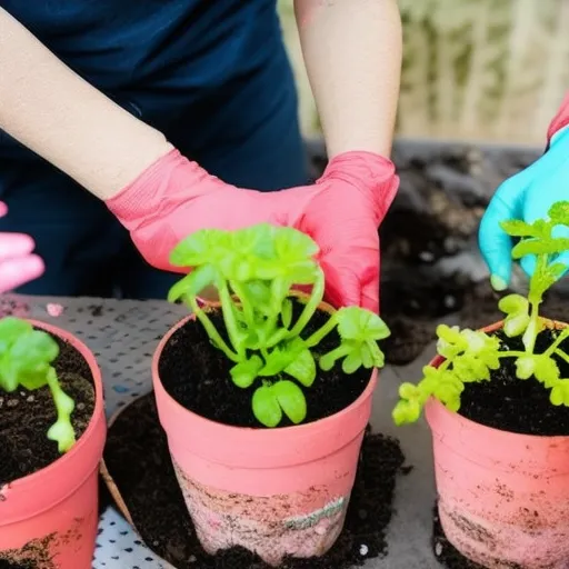 

The image shows a person wearing gardening gloves and holding a small potted plant. They are carefully removing the plant from the pot and dividing it into two separate plants. This image illustrates the article by demonstrating the process of dividing and replanting plants