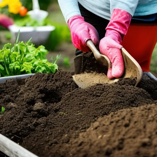 

A picture of a woman in a garden wearing a sun hat and gloves, preparing the soil for planting by turning it over with a shovel. She is getting ready for the spring season by preparing her vegetable garden.