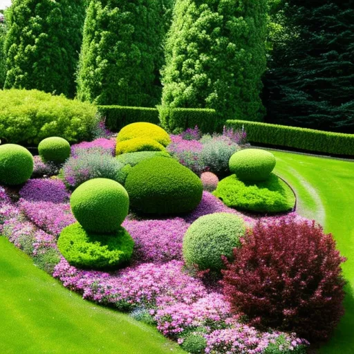 

This image shows a garden with a variety of trimmed shrubs and bushes in different shapes and sizes, creating a harmonious and aesthetically pleasing outdoor space. The garden is well-maintained and the shrubs are carefully pruned to
