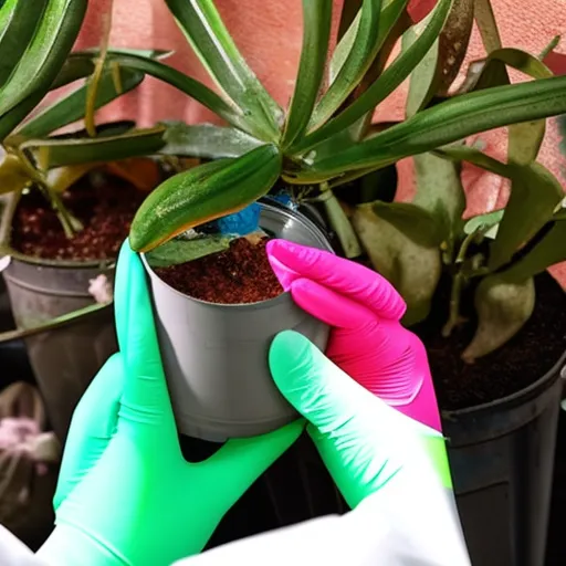 

An image of a person carefully examining a potted plant with a magnifying glass, looking for signs of disease or other problems. The person is wearing protective gloves and a face mask to prevent the spread of any potential pathogens. The image illustrates