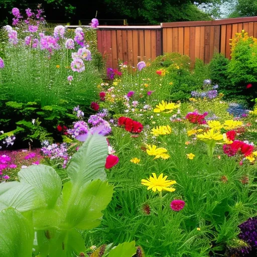 

This image shows a lush garden with a variety of colorful flowers and plants, including bee-friendly perennials and nectar-producing plants. The garden is surrounded by a wooden fence, and a bee is seen hovering over one of the flowers