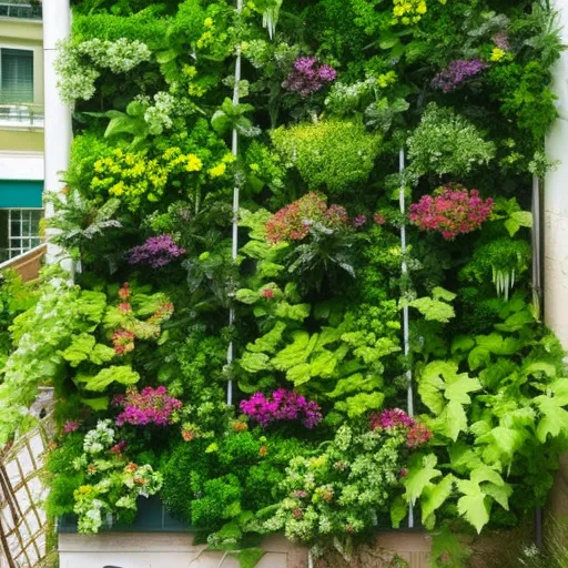 

This image shows a lush vertical garden made up of various climbing plants. The garden is made up of a wooden frame with a variety of plants growing up it, including ivy, ferns, and other leafy greens. The vibrant