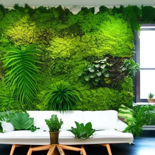 

This image shows a vibrant green wall of plants in a modern living room. The wall is made up of a variety of plants, including ferns, succulents, and ivy, and is a great way to bring a touch