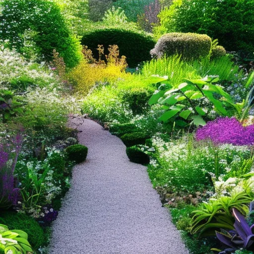 

This image shows a lush garden with a variety of plants and shrubs in shades of green and purple. The garden is surrounded by a low stone wall, with a winding path leading to a bench in the center. The garden is full of