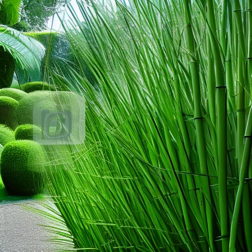 

This image shows a peaceful and tranquil setting with a variety of lush green bamboo plants in a garden. The bamboo plants are arranged in a curved pattern, creating a calming atmosphere and adding a touch of nature to the environment. The image conveys