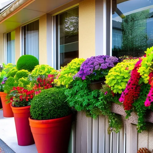

This image shows a balcony filled with vibrant and colorful potted perennials, creating a beautiful and inviting outdoor space. The plants are arranged in different sizes and colors, creating a stunning display of texture and color. The balcony is a perfect example