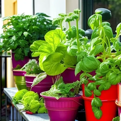 

This image shows a small balcony garden full of vegetables and herbs. The garden is composed of a variety of plants in different pots, including tomatoes, peppers, basil, and rosemary. The vibrant colors of the vegetables and herbs create a beautiful