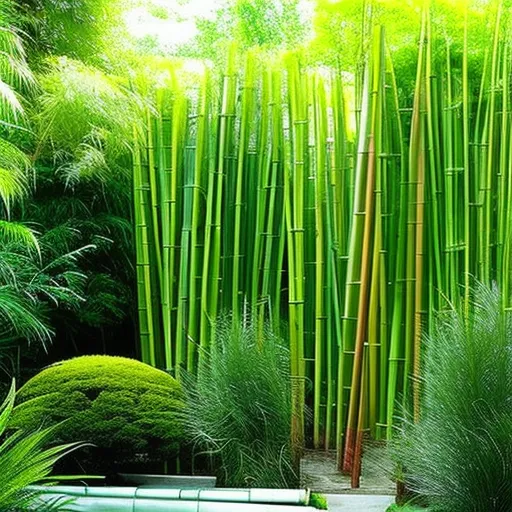 

This image shows a garden with a variety of bamboo plants, some of which have been trimmed and shaped to create a harmonious outdoor space. The garden is lush and vibrant, with the bamboos providing a unique and attractive backdrop. The