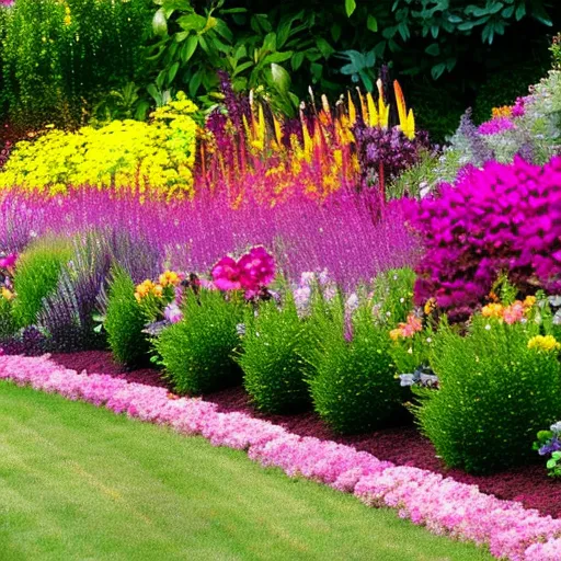 

A vibrant garden bed of flowers and shrubs in shades of pink, purple, and yellow, with lush green foliage in the background. The garden is filled with a variety of plants, creating a harmonious and colorful display.