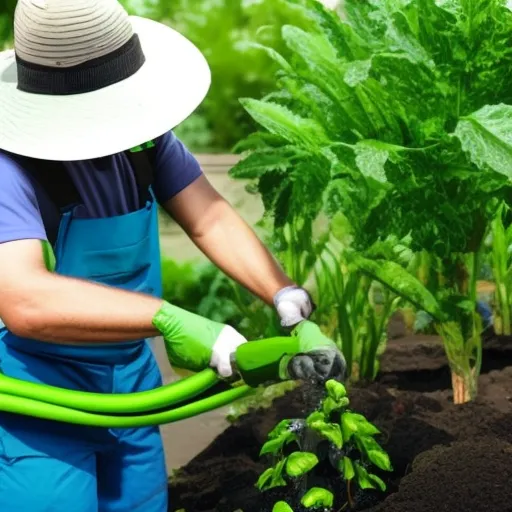 

This image shows a person in a garden, holding a hose and watering a variety of plants. The person is wearing protective gloves and a sun hat, and is surrounded by lush green foliage. This image illustrates the importance of having the right equipment