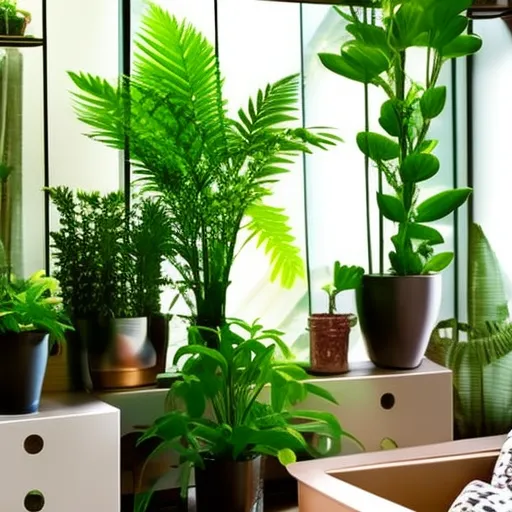 

This image shows a modern living room with a variety of green plants, including a large potted fern, a hanging planter, and a variety of smaller plants on shelves and tables. The vibrant green of the plants adds a refreshing and