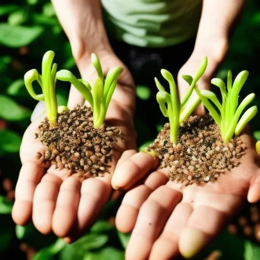 

This image shows a person's hands holding a handful of freshly sprouted seeds and bulbs, with a background of lush green foliage. It illustrates the art of germination, and the secrets to success in growing your own seeds and bulbs.