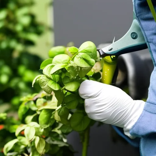 

This image shows a gardener carefully pruning a rose bush. The gardener is wearing protective gloves and using a pair of sharp pruning shears to trim the bush, creating a neat and tidy shape. The image illustrates the art of