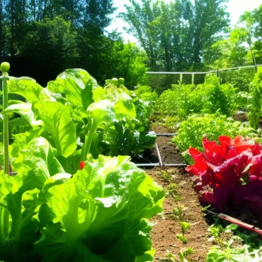 

An image of a vegetable garden with a variety of vegetables growing in it, including lettuce, tomatoes, peppers, and carrots. The garden is full of lush green plants, with the sun shining brightly in the background.