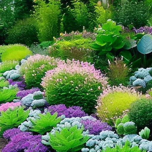 

This image shows a lush, vibrant garden with a variety of plants and flowers, including a variety of ground covers such as creeping thyme, clover, and sedum. The garden is a beautiful example of an eco-friendly alternative to