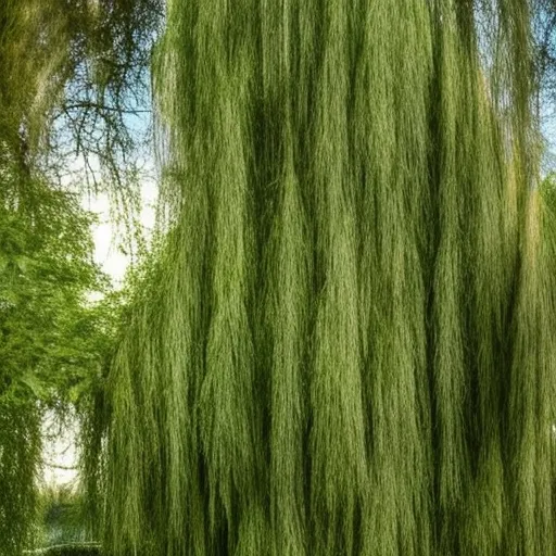 

This image shows a weeping willow tree in a garden, its branches gracefully cascading down to the ground. Its unique shape and delicate foliage create a peaceful, poetic atmosphere in any outdoor space.