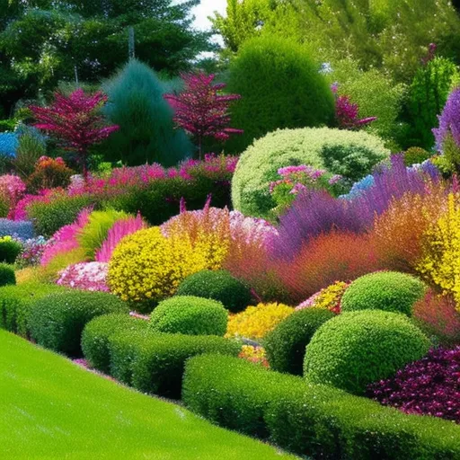 

This image shows a vibrant garden with a variety of shrubs in different colors. The shrubs are arranged in a way that creates a beautiful and colorful display throughout the year. The different colors and textures of the shrubs provide a unique and