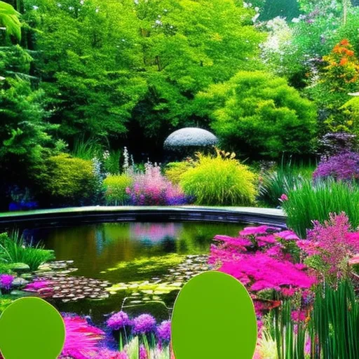 

This image shows a lush garden with a pond in the center, filled with a variety of aquatic plants. The pond is surrounded by a variety of colorful flowers, shrubs, and trees, creating a vibrant and inviting outdoor space. The image