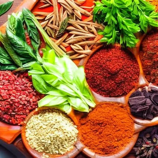 

This image shows a variety of herbs and spices in a wooden bowl, with some of them spilling over onto a cutting board. The vibrant colors and textures of the herbs and spices demonstrate the potential health benefits of incorporating them into one's diet.