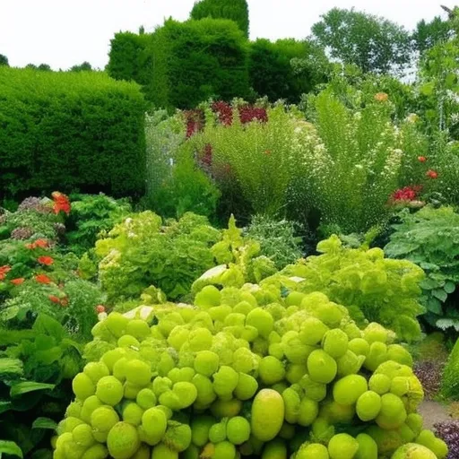 

Une photo d'un jardin avec des haies comestibles, composées de différents fruits et légumes, offrant une variété de couleurs et de textures. Les