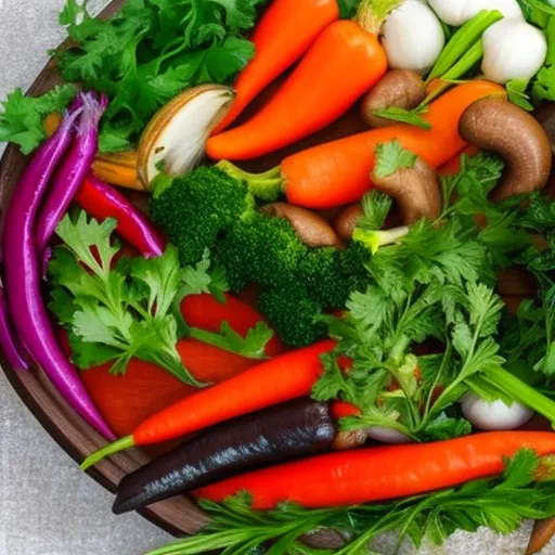 

This image shows a variety of colorful vegetables and herbs arranged in a wooden bowl. The vegetables include carrots, peppers, onions, garlic, and mushrooms, while the herbs include parsley, sage, rosemary, and thyme. This image