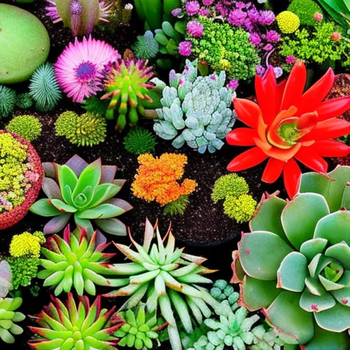 

This image shows a variety of succulent and cactus plants in a variety of shapes and sizes, with some of them flowering. The vibrant colors of the plants create a calming atmosphere, and the plants are arranged in a way that suggests they
