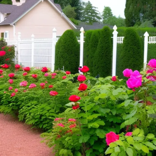 

This image shows a lush and vibrant rose garden, with a variety of different colors and types of roses. The garden is well-maintained, with the roses planted in neat rows and surrounded by a white picket fence. The image