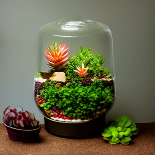 

This image shows a terrarium in a glass jar, filled with lush green plants and colorful stones. It is a unique and eye-catching decoration that will bring life and color to any interior.