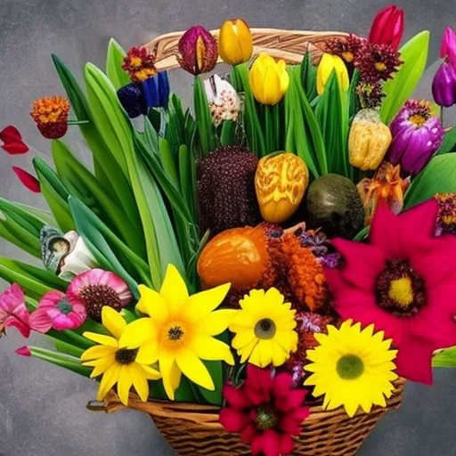 

This image shows a variety of colorful flower bulbs and seeds, including daffodils, tulips, and sunflowers, arranged in a basket. It illustrates the many types of flower bulbs and seeds that are essential for creating a beautiful