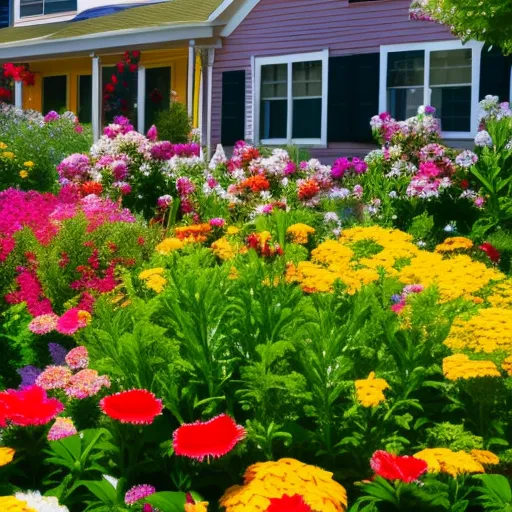 

This image shows a colorful garden full of vibrant annual flowers in bloom. The garden is surrounded by a white picket fence and is filled with a variety of plants, including daisies, petunias, and marigolds. The