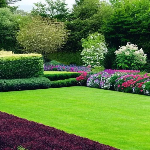 

This image shows a beautiful garden with a neatly trimmed hedge in the foreground. The hedge is composed of a variety of plants and shrubs, and is a perfect example of how careful pruning and maintenance can create a harmonious and attractive outdoor