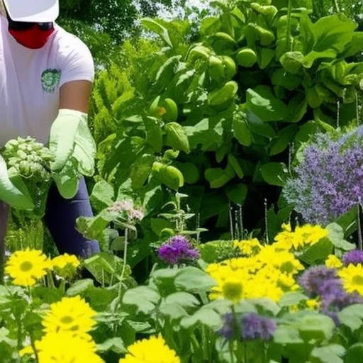 

This image shows a garden with a variety of plants and flowers, as well as a person wearing a protective mask and gloves while using natural and ecological treatments to eliminate garden pests. The treatments are safe for the environment and are an effective way to