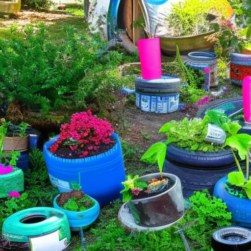 

This image shows a garden with a variety of plants and decorations made from recycled materials, such as old tires, bottles, and cans. The garden is full of vibrant colors and textures, demonstrating how recycled objects can be used to create a beautiful